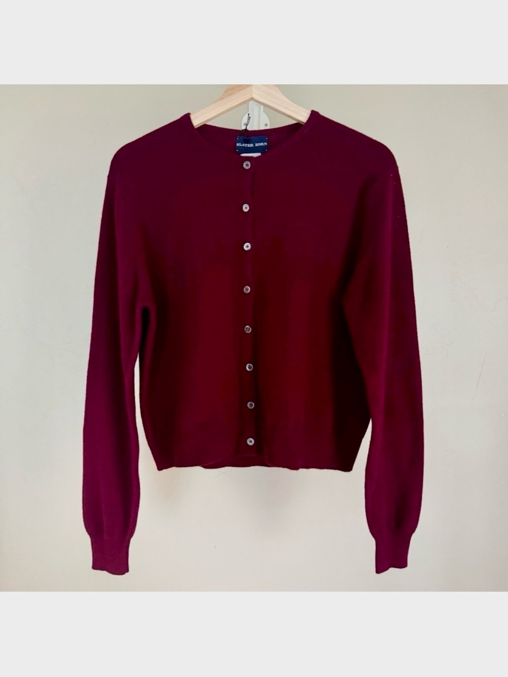 🍷 NWT SLATER ZORN Maroon Cream Patch 100% Cashmere Cardigan Scotland Size M